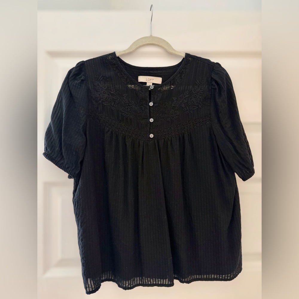 LOFT Black Floral Embroidered Blouse